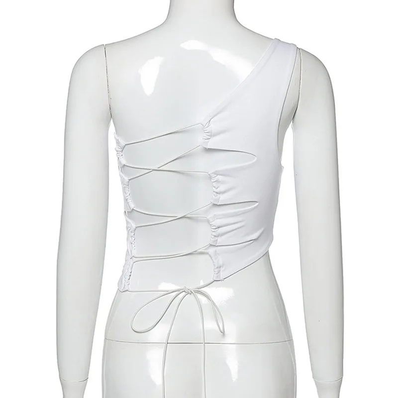

Nieuwe Zomer Hemdje Crop Top Vrouwen Hollow Backless Effen Kleur Een Schouder Bodycon Temperament Slim Soft Vest Tee