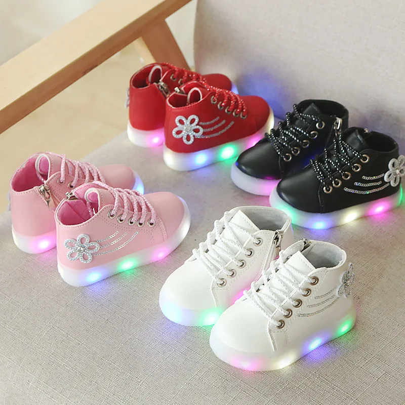 

Autumn and Winter Fashion Casual Light Children's Shoes Rhinestones Flowers LED Luminous Soft Bottom Girls Shoe Toddler Sneakers