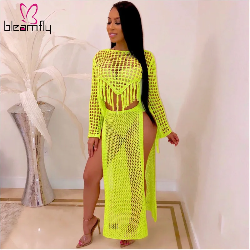 Женский летний вязаный крючком свитер с длинным рукавом топ высоким разрезом