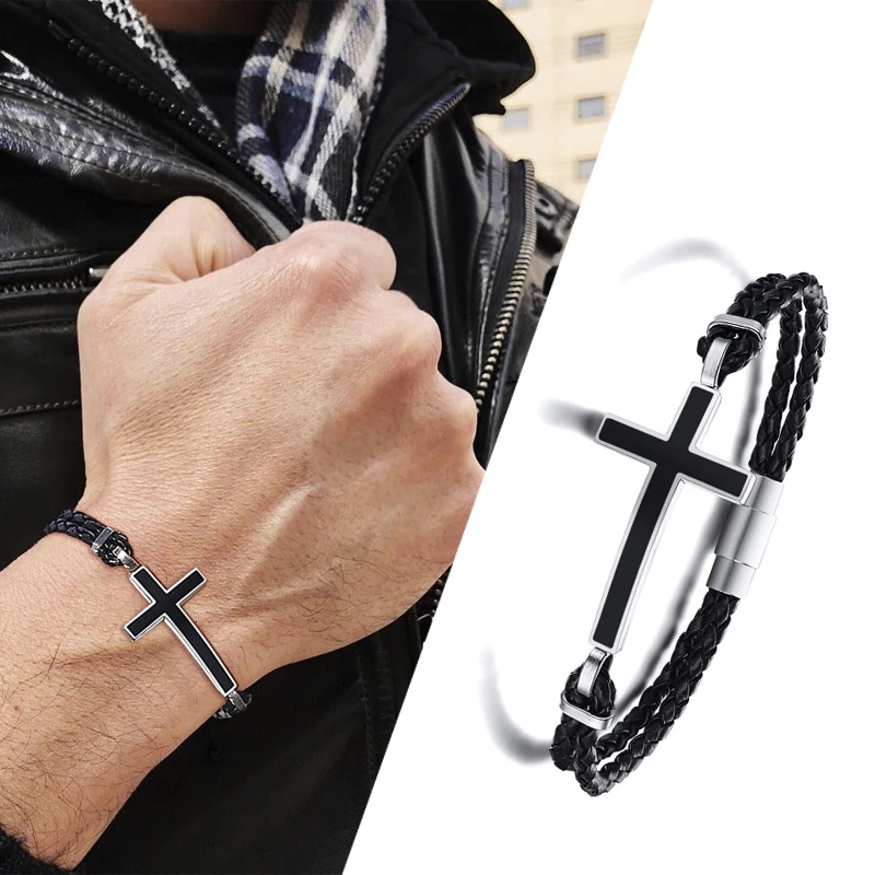 MEN BLACK CROSS DOUBLE BRAIDED LEATHER BRACELET MAGENTIC CLASP  MEN'S JEWELRY GIFT FOR HER