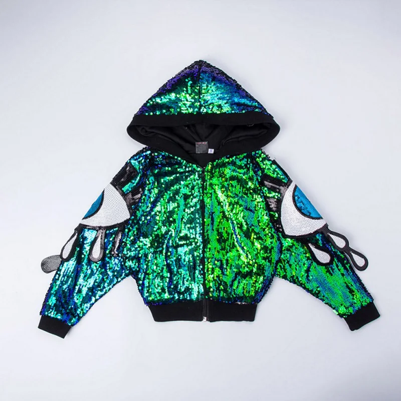 

Kid Cool Green Sequin Hip Hop Clothing Hoodie Jacket Top for Girls Jazz Dance Costume Clothes Dancing Wear