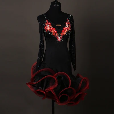 black vs red Женская одежда для латинских танцев, роскошные камни с длинным рукавом, платье для латинских танцев для девочек, платья для латинских танцев, женское платье для выступлений, XS-6XL - Цвет: black vs red
