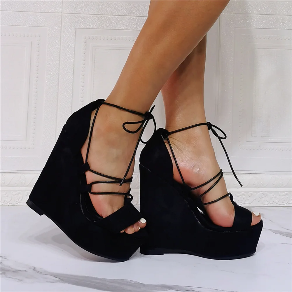 

BONJOMARISA Sexy Girls Open Toe Platform High Wedges Lace Up Ankle Strap Sandals Women Party Dress Fashion Shoes Big Size 47