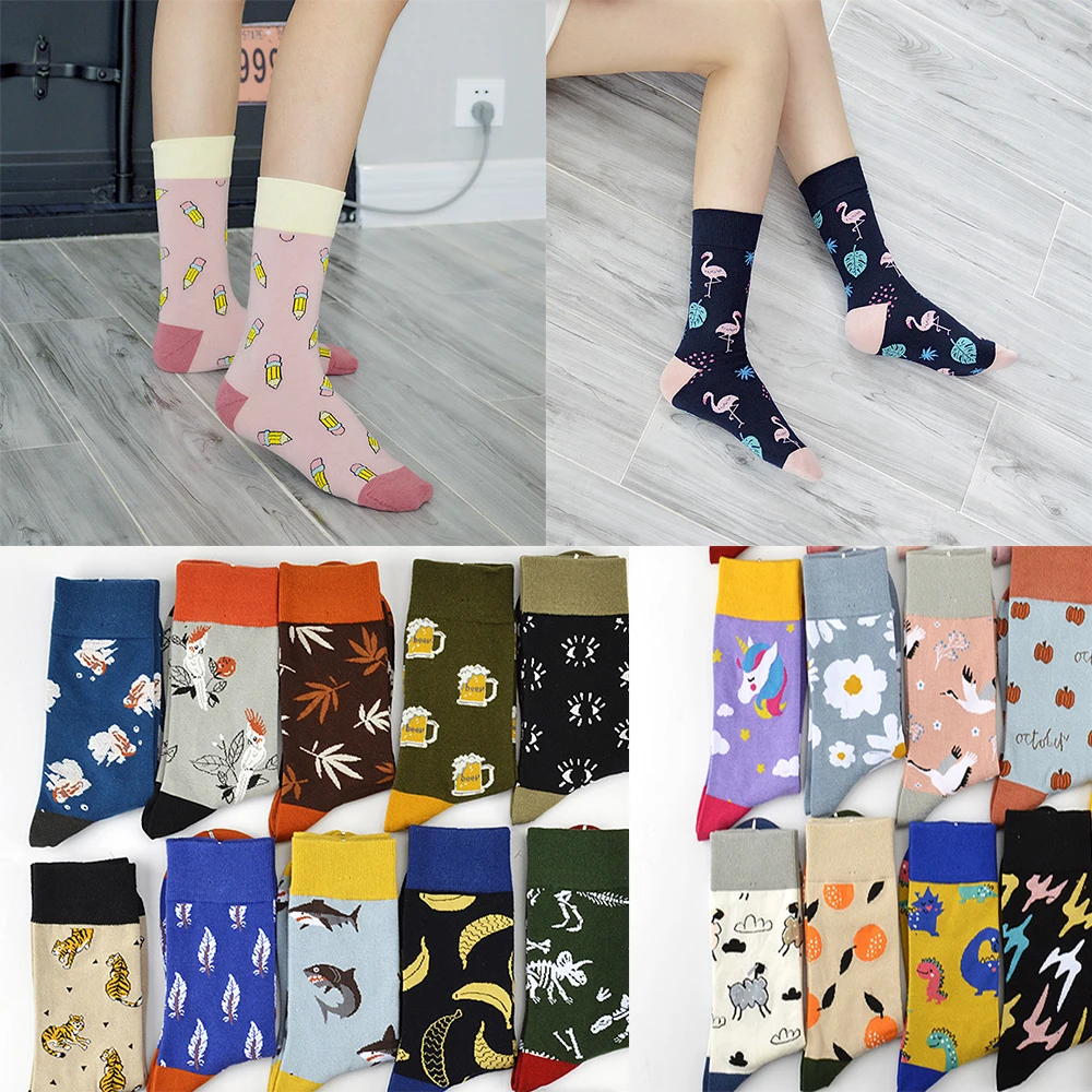 

New Female Socks Funny Cute Cartoon Fruit Orange Banana Pizza Beer Pencil Pumpkin Parrot Happy Harajuku Skateboard Long Socks