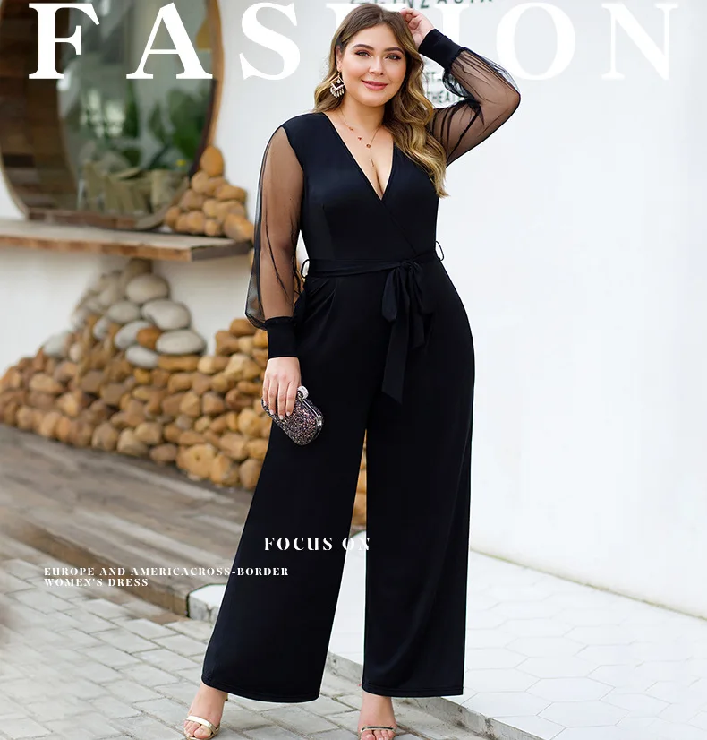 Женская сексуальная сетка с длинным рукавом Глубокий V широкий комбинезон больших размеров с поясом модные длинные леггинсы для женщин черный XL XXL 3XL 4XL