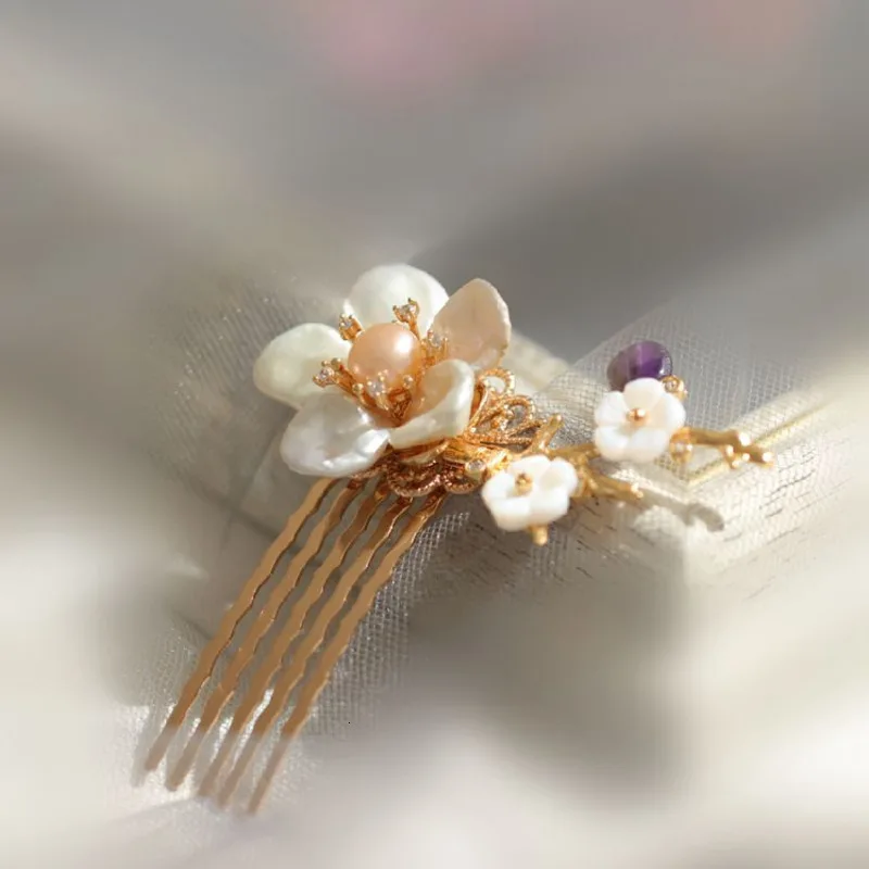Шпилька для волос с жемчужинами и цветами позолоченная под старину | Украшения