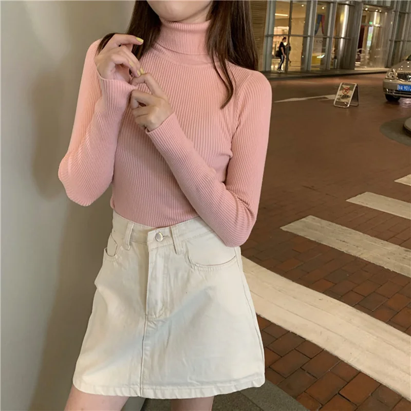 

2020 Casual Basic Turtleneck Slim Sweaters Autumn Winter Solid Women Knitted Pullovers Full Sleeve Soft Warm Elasticity Jumper