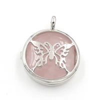 rose pink quartz silver plated butterfly locket pendant can open blue sand stone temperament jewelry