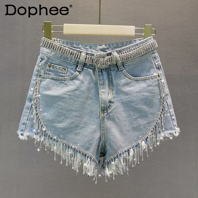 

Thin Denim Shorts Women's Fashion 2021 Summer New Slim Slimming Rhinestone Fringed Burr Jean Shorts Female Wide Leg Short Pants