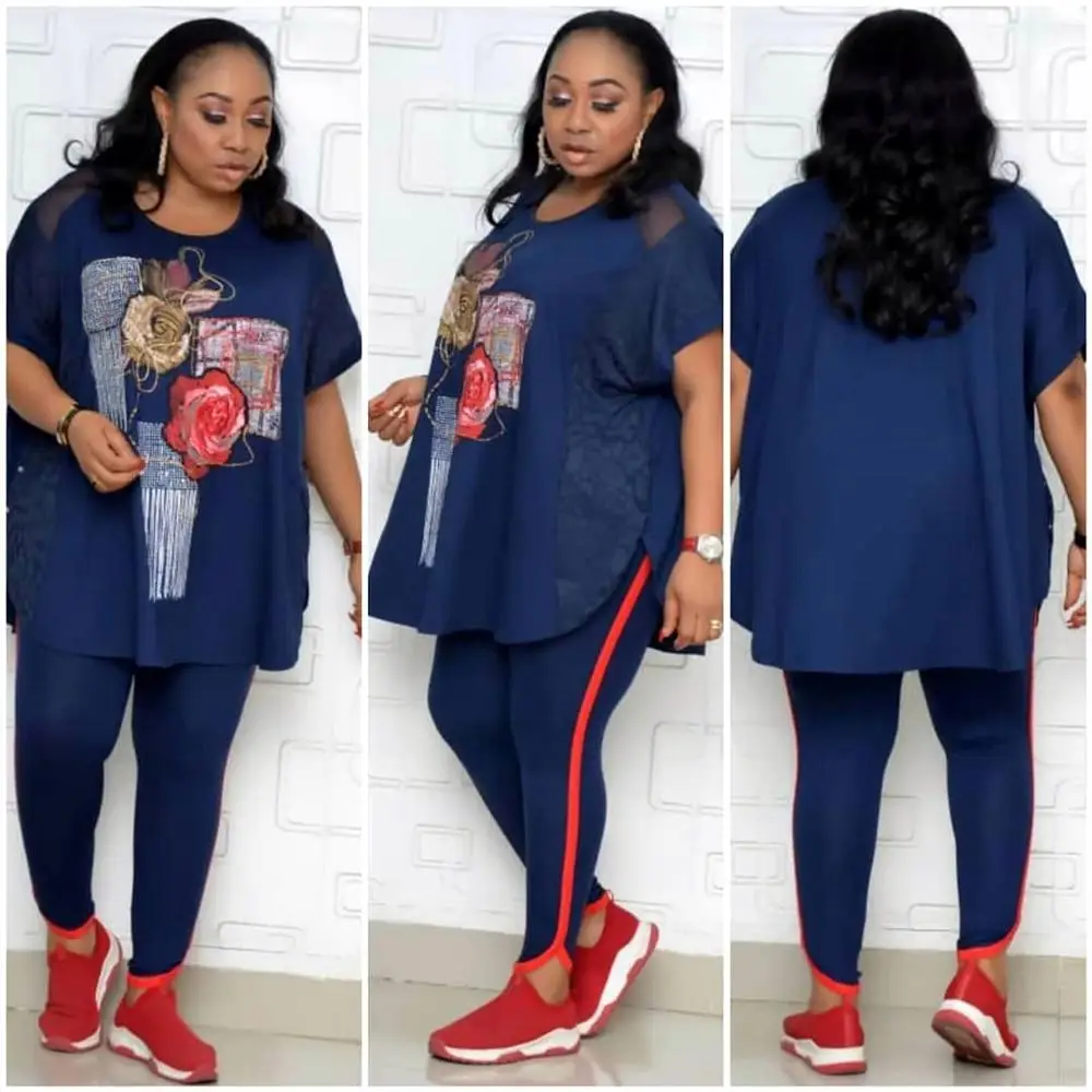 

2020 Summer Latest Women Big Size Casual Two Piece Sets Lady Solid O-neck Short Sleeve Loose Tees High Waist Leggings Sets