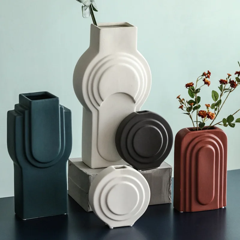 

Nordic design Morandi creative soft installation flower arranger embossed line ceramic vase plant pots decorative