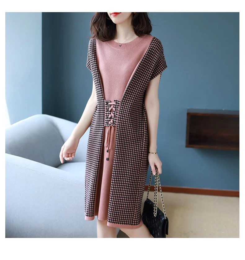 О образный вырез короткий рукав узор в клетку лоскутное вязаное платье для