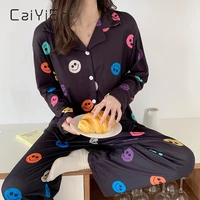 caiyier springautumn women pijamas cute smiley face printing long sleeves pants pajama set female korea dark smiley sleepwear