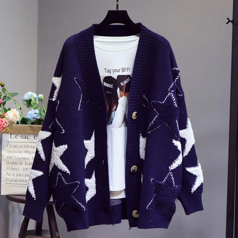 AZYT модный лоскутный вязаный свитер со звездами и вышивкой кардиган Женская