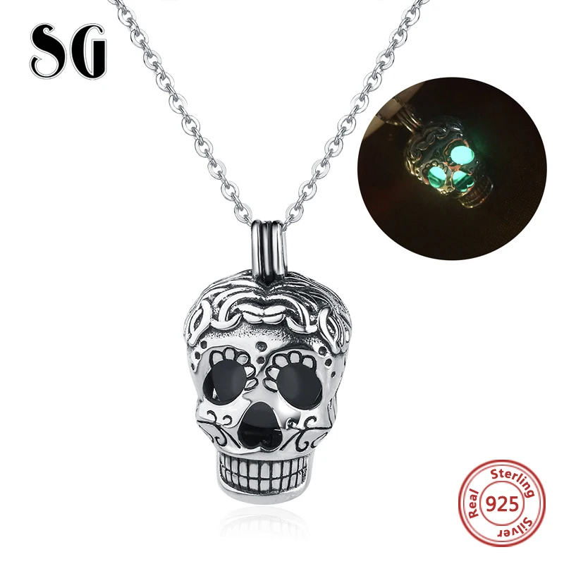 2018 Aliexpress подлинное серебро 925 пробы череп светящаяся подвеска цепочка ожерелье