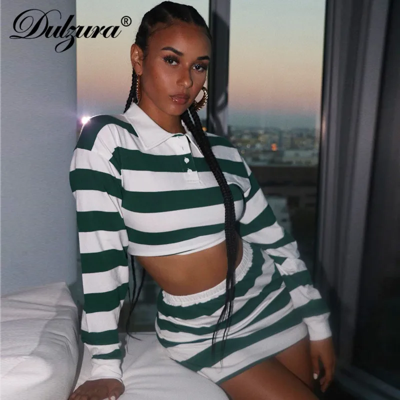 Dulzura 2019 Осень Зима Женское комплект из двух предметов кроп Топ Мини юбка в полоску