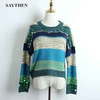 saythen autumn and winter vintage designer women green round neck knitted warm cute striped sequined pullover sweater ys22121