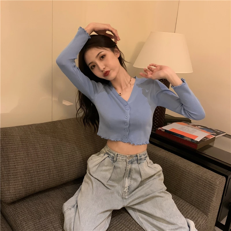 

Fashion Sweater Women 2021 Early Autumn V-neck Wooden Ear Knit Cardigan Thin Coat Women's Top