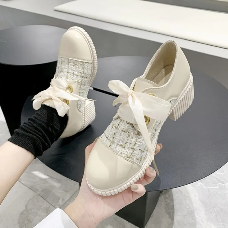 

Туфли на высоком каблуке на шнуровке Маленькая кожаная обувь на толстой подошве; Осенняя обувь на платформе, кеды; Модная женская обувь; ...