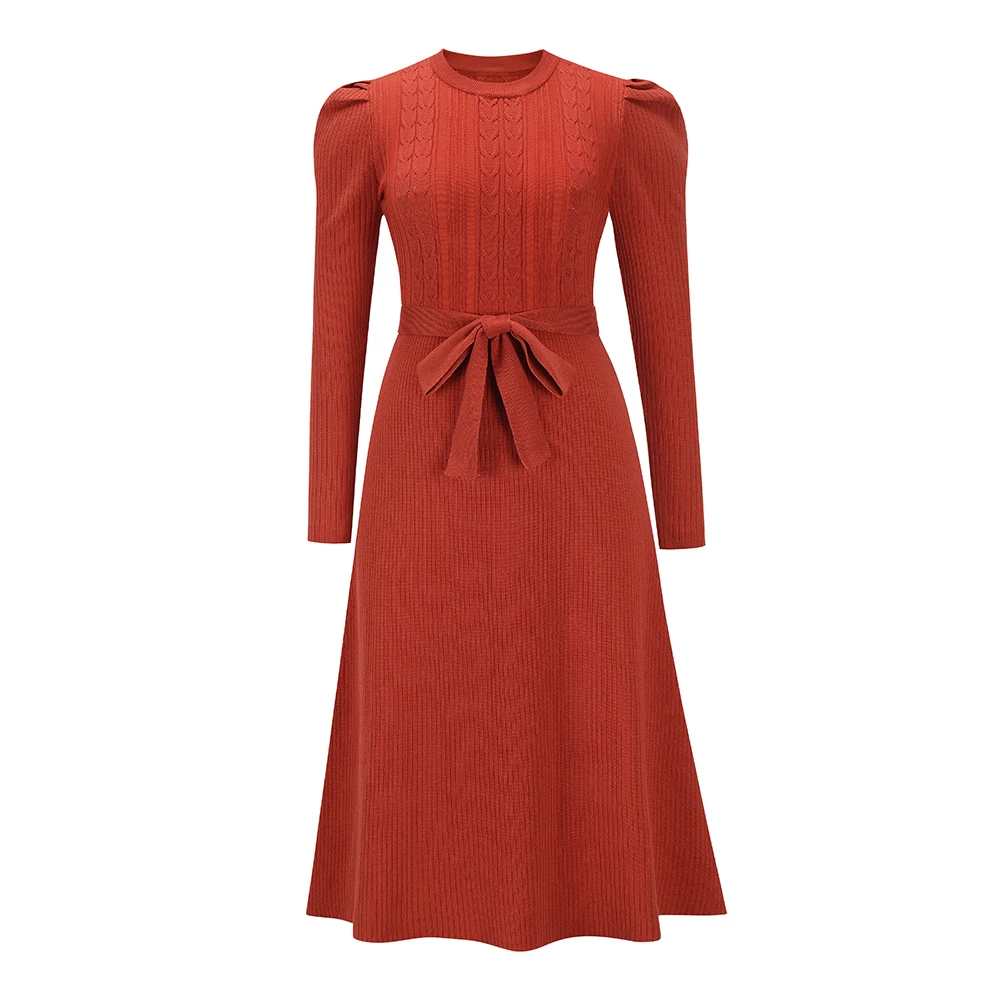 

Long Sleeve Round Neck Bodycon Ribbed Knit Dress Women Autumn Winter Fashion Solid Slim Casual Pleated Midi Female Dresses