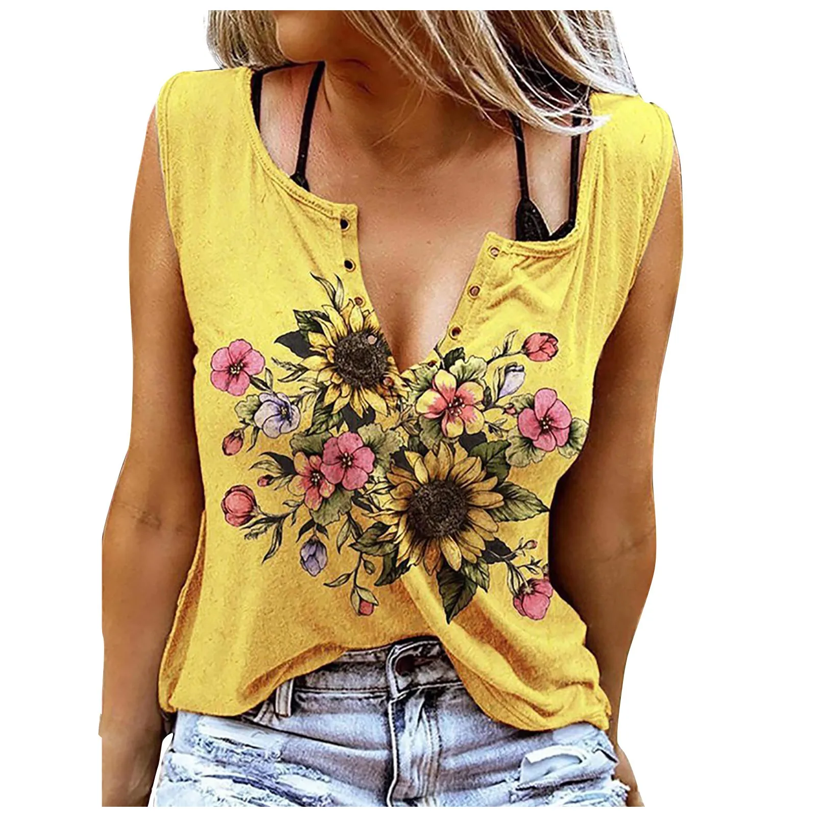 

T Shirt Women Harajuku Fashion Summer Cotton V-Neck Printed Sleeveless Casual Pullover Tops Female Camisetas Mujer