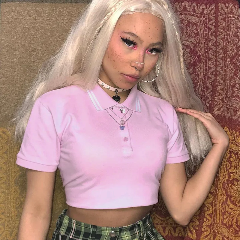 

Колледж стиле новые женские туфли розового цвета с отложным воротником, Милая футболка с коротким рукавом для женщин