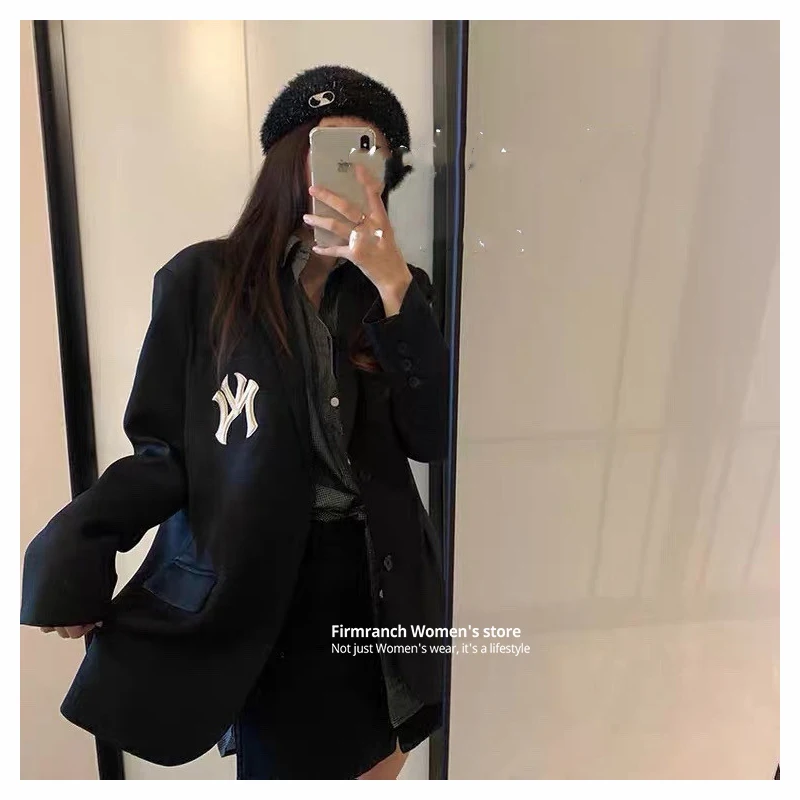 

Новинка 2021 шикарный весенне-осенний Черный бойфренд с вышивкой LA / NY свободные костюмы для отдыха для женщин