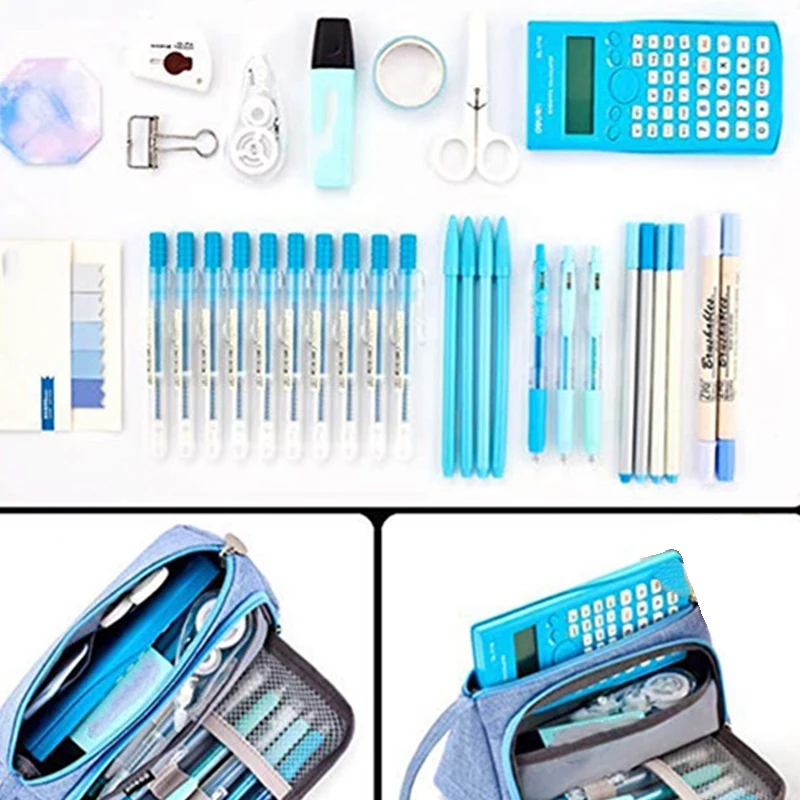 

2 Pcs Big Capacity Colored Linen Storage Pouch Marker Pen Pencil Case Stationery Bag Holder, Light Blue & Pink