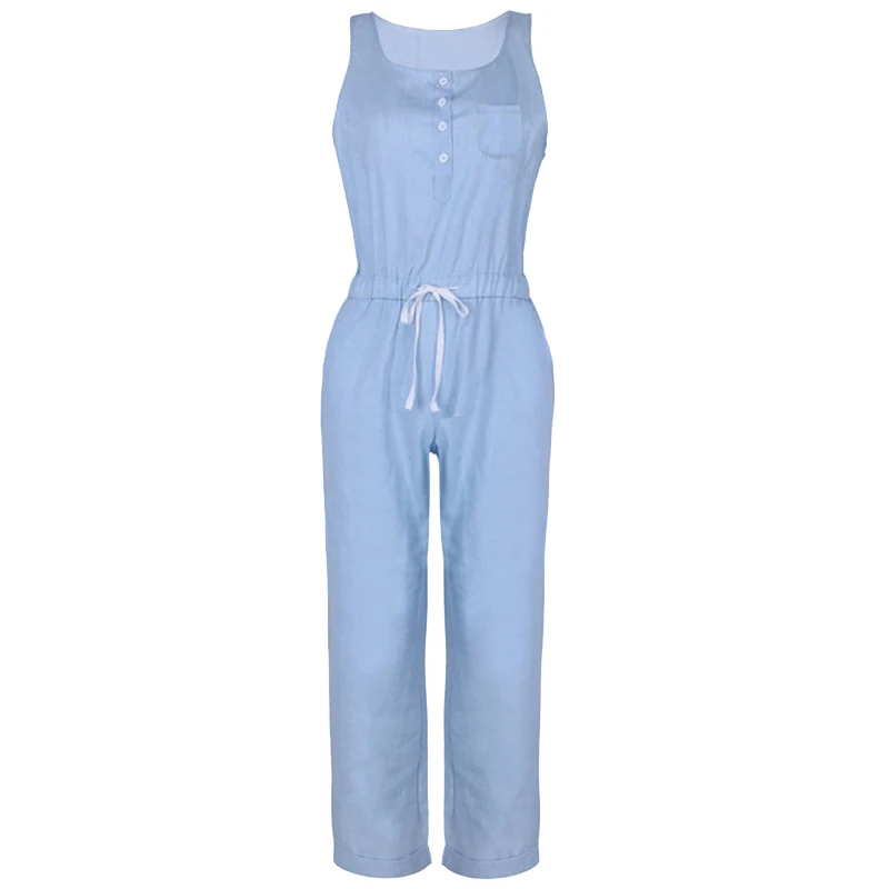 Женский джинсовый комбинезон свободный без рукавов с эластичной резинкой на