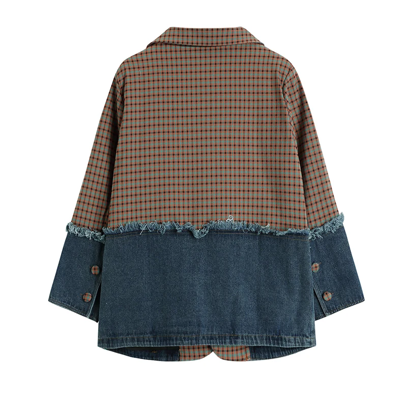 

SHENGPALAE Plaid Patchwork Denim Blazer Women's Autumn 2021 New Notched Loose Single Button Long Sleeve Suit Coat Female 5E1681