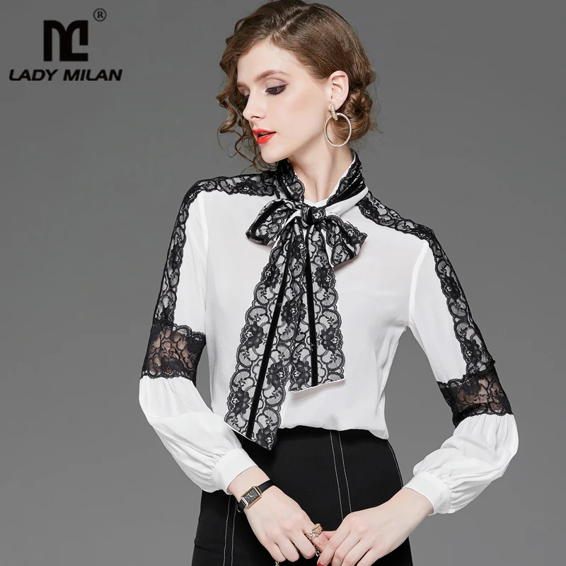 100% чистый шелк женские Подиумные рубашки воротник-бант длинные рукава кружева