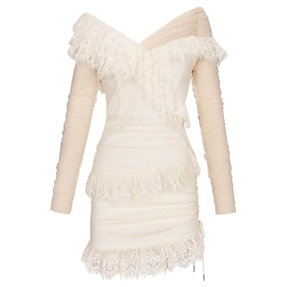 

Deer Lady Long Sleeve Off The Shoulder Dress Summer 2020 White Lace Dress Club Party Dresses Women Evening