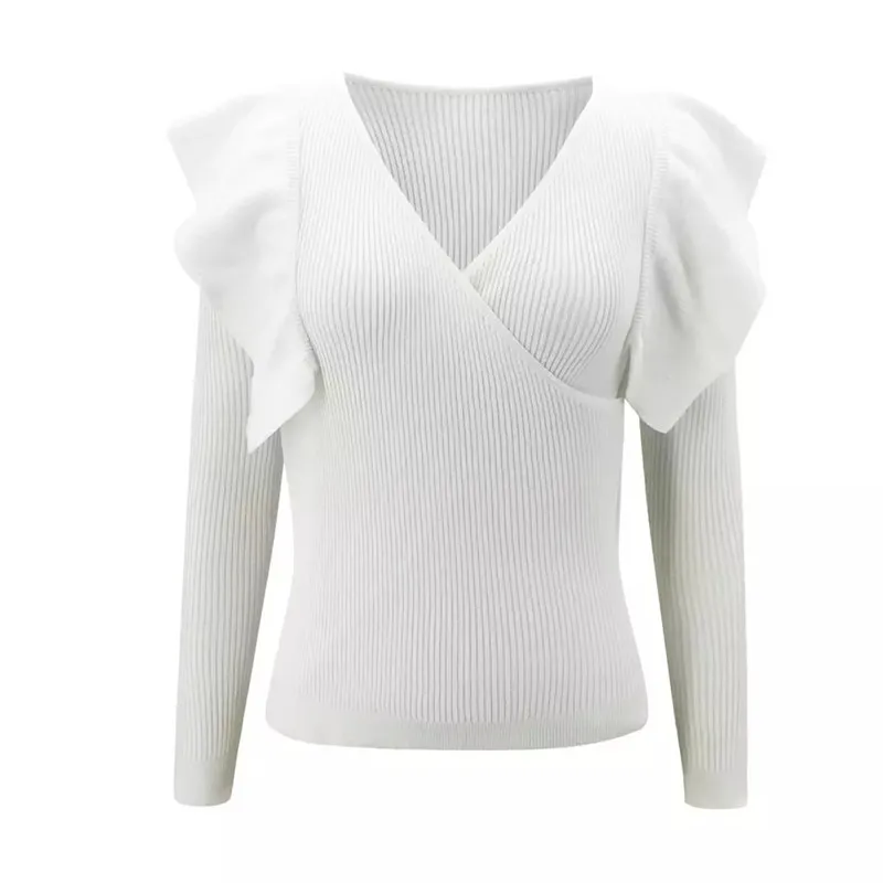  Sexy Deep V-Neck Ruffles Sweaters 2020 Women Autumn Winter Warm Knitted Long Sleeve Solid Slim OL Low-Cut Pullovers | Женская одежда