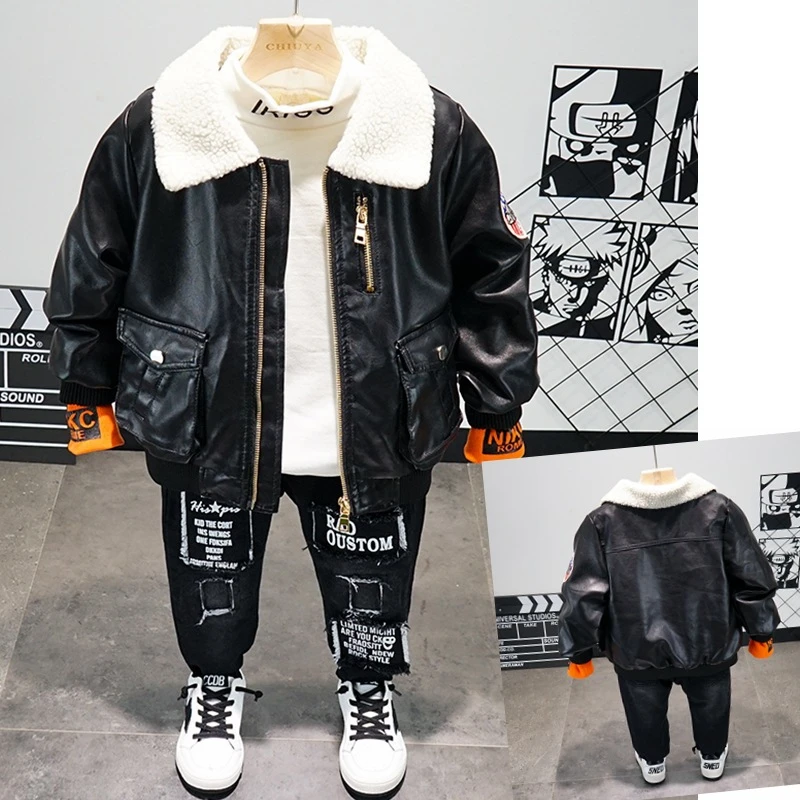 

Вельветовая кожаная куртка и джинсы, утепленная футболка для мальчиков, зимний комплект одежды для малышей, 2020