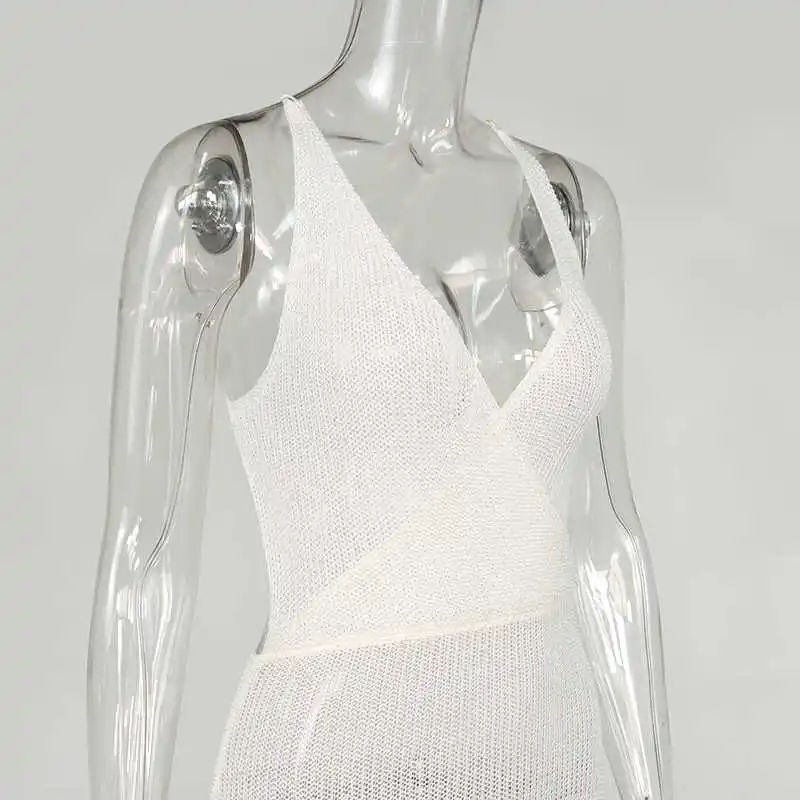 

White Crochet Beach Dress Women Coverups Backless Cover Up Knitted Maxi Dresses Summer See Through Side Split Sexy Dress
