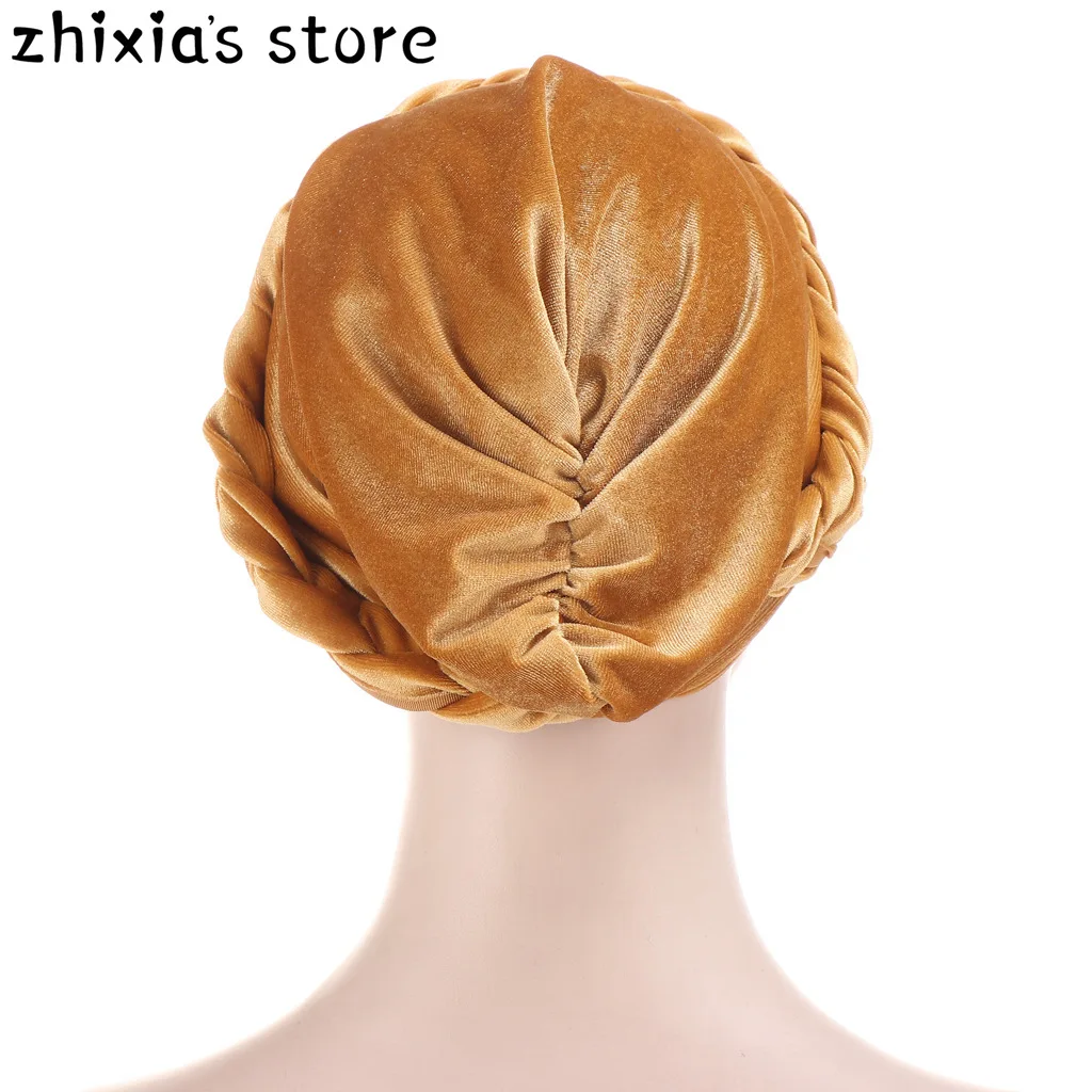 

2020 Muslim Forehead Cross Braid Turban Bonnet Velvet Turbanet Ladies Chemo Beanie Cap African Head Wraps Islamic Hijab Toque