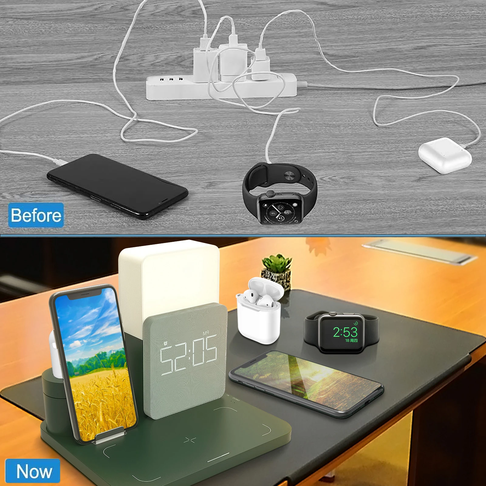 wireless charger 15w mobile phone fast charging desktop stand alarm clock night light desk lamp watch headset charging stand free global shipping