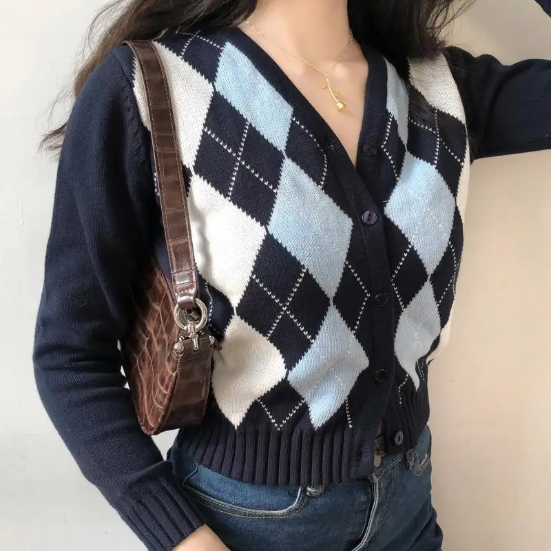 

[SUVIYER] Cardigans Sweater Women V neck Knitwear Long sleeve Rhombus Grid in Multiple Colors Knit Spring Autumn