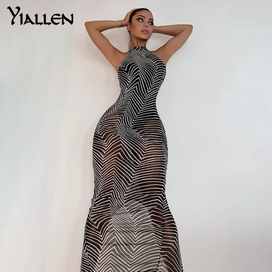 

Yiallen Sexy See Through Mesh Dress Women Backless Sleeveless Slit Elegant Vestidos Skinny Stretchy Vacation Clubwear Dress's