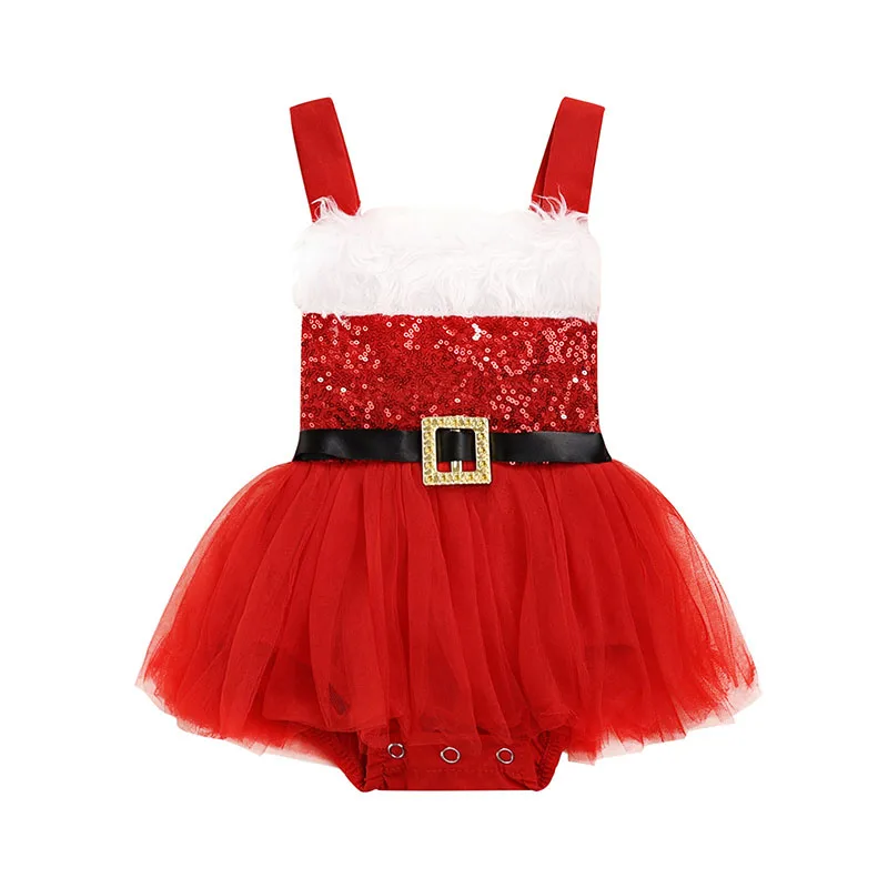 

Baby's Clothes Girl Christmas Romper Fluffy Sequined Sleeveless Strappy Short Kids Romper Skirt For Toddler Girls 0-18 Months
