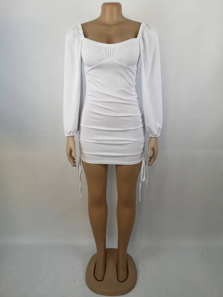 

WJFZQM Sexy Square Collar Bandage Dress Women Solid Pleated Lantern Sleeve Dress Wrap Chest Ruched Bodycon Mini Autumn Dresses