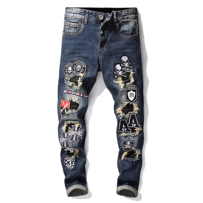 Mens Fashion Ripped 2021 Jeans Straight Patchwork Denim Trousers Hip Hop Skull Embroidered Jeans Pants for Male