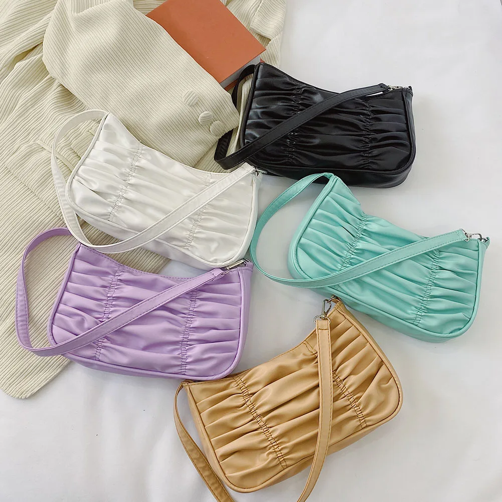 

Casual Solid Color Women Shoulder Bags Vintage Pleated Shoulder Underarm Fashion PU Leather Ladies Daily Small Shoulder Handbags