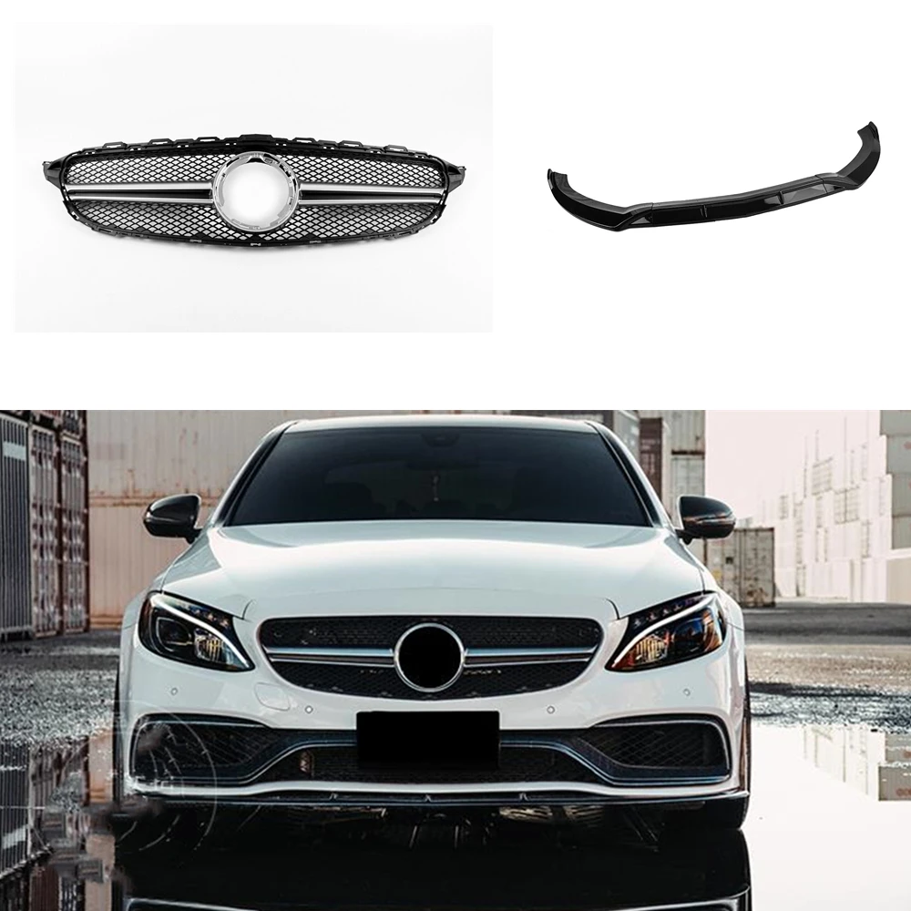 

Сменный передний решетчатый гриль для Mercedes-Benz W205 AMG 2019-2020, серебристый + глянцевый черный нижний спойлер, бампер, комплект для кузова автомоб...