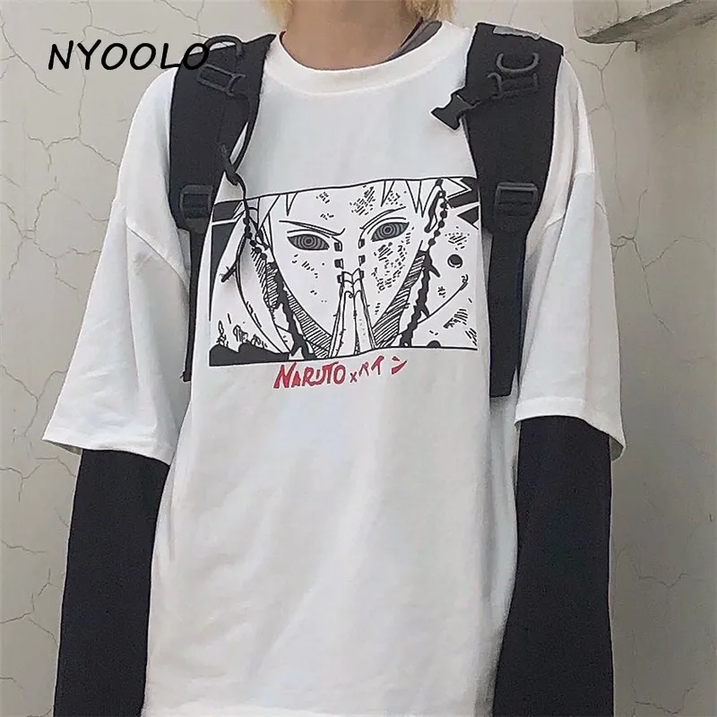 NYOOLO Harajuku Винтаж мультфильм Наруто печати поддельные 2 шт. Лоскутное Топ осень уличная одежда с длинным рукавом Футболка женская мужская одежда - Цвет: Белый
