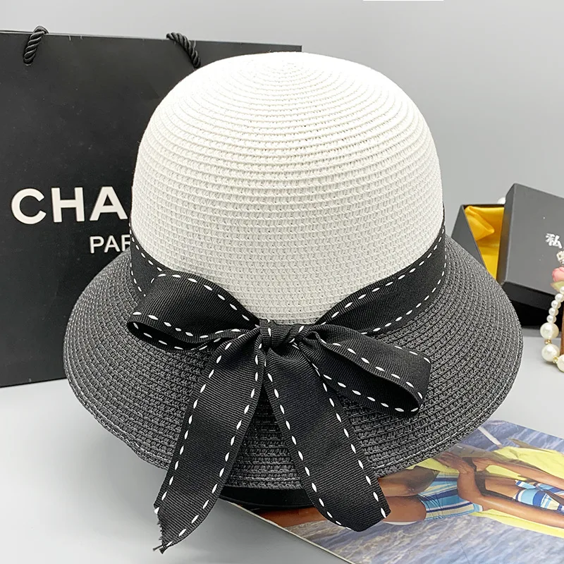 

Summer Women's Warp Knitting Bow Decoration Black and White Patchwork Top Hat Wide-brimmed Sunscreen Straw Hat