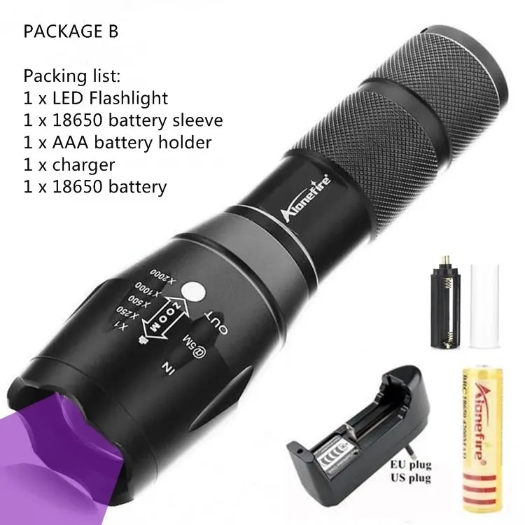 UV flashlight B AloneFire E17 УФ светодиодный фонарик 365 нм Ультрафиолетовый масштабируемый Невидимый для кошек, собак, домашних животных, охотничий маркер для проверки батареи AAA 18650 - Испускаемый цвет: UV flashlight B