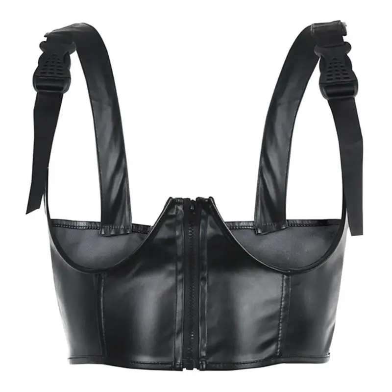 

Women Harajuku Open Cup Tank Top Faux Leather Zipper Buckle Cropped Bustier Vest