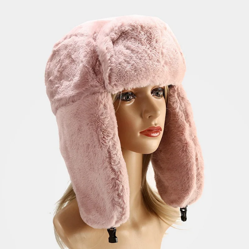 NEW Warm Faux Rabbit Fur Hats Women Winter Bomber Hat With Ear Flap Ski Cap Men Pilot Trapper Trooper Hat Outdoor Bomber Muts men's bomber hats