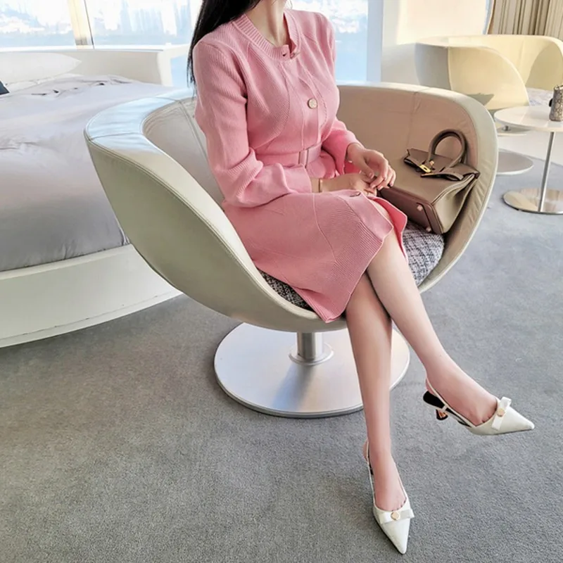 

Spring Autumn Women Vintage Single-breasted Knitted Dresses Lace-up Dress Elegant knit dress Vestidos